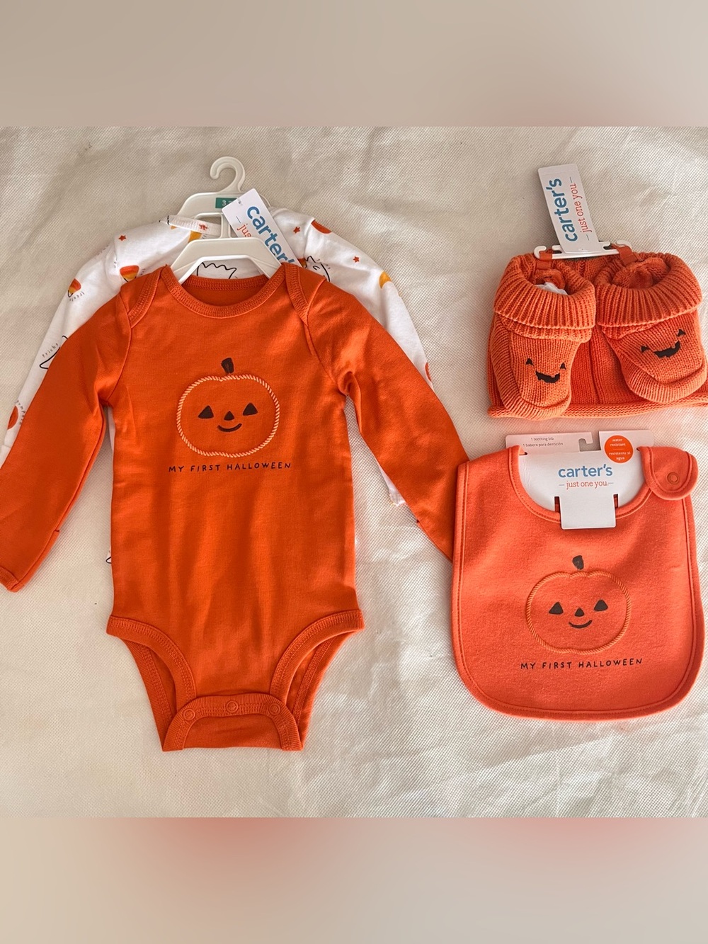 Carter's Orange 'My First Halloween' Baby Bodysuit, Bib & Booties Box Gift Set